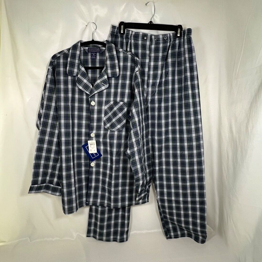 Savile Row Blue Green White Plaid Classic Pajama Set Mens Large Long Sleeve